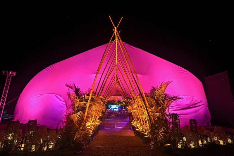 Luxury outdoor event tent with bamboo entrance at Marina Esplanade, Andaz Papagayo